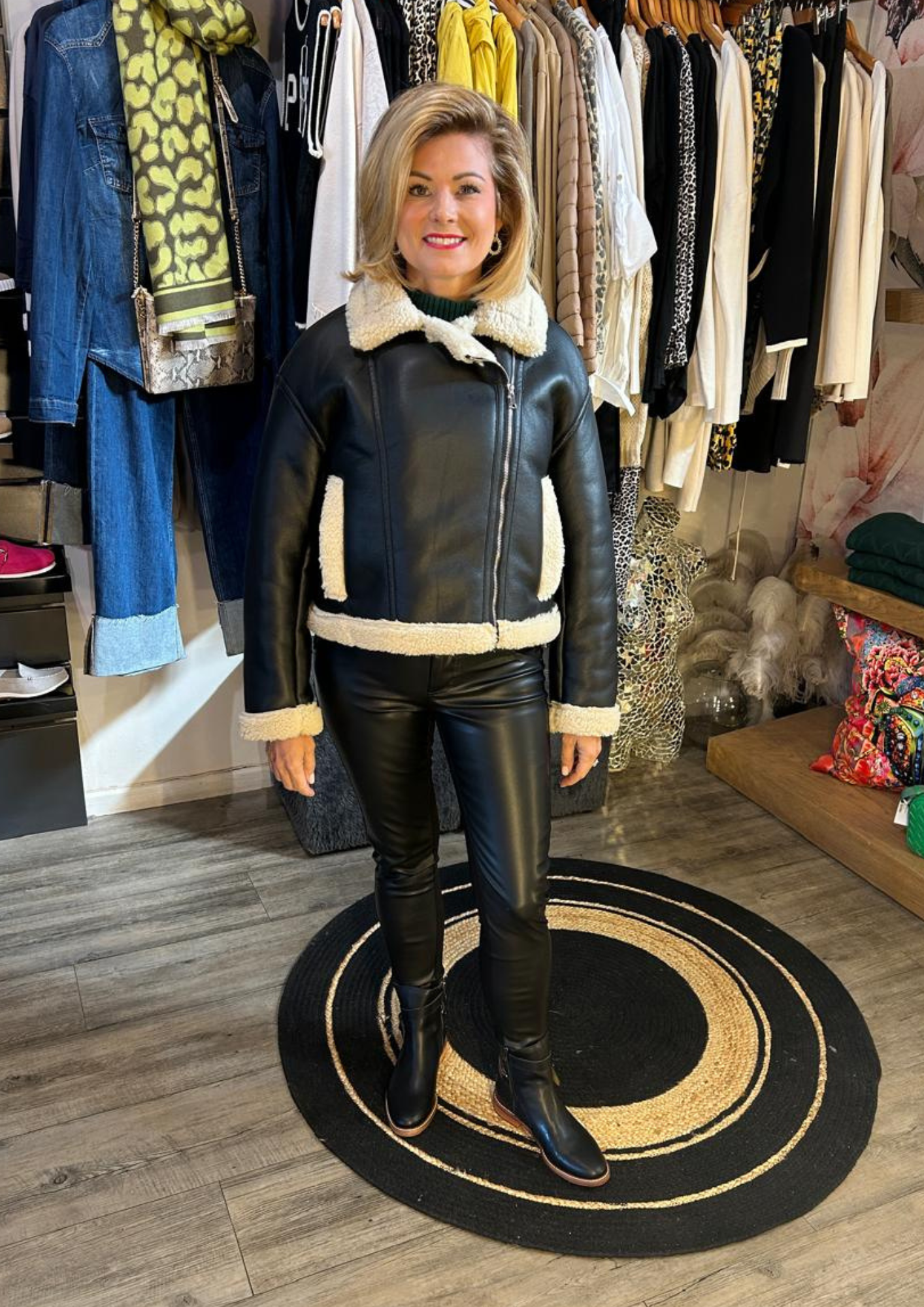 Pleather jacket with pants and cable knit