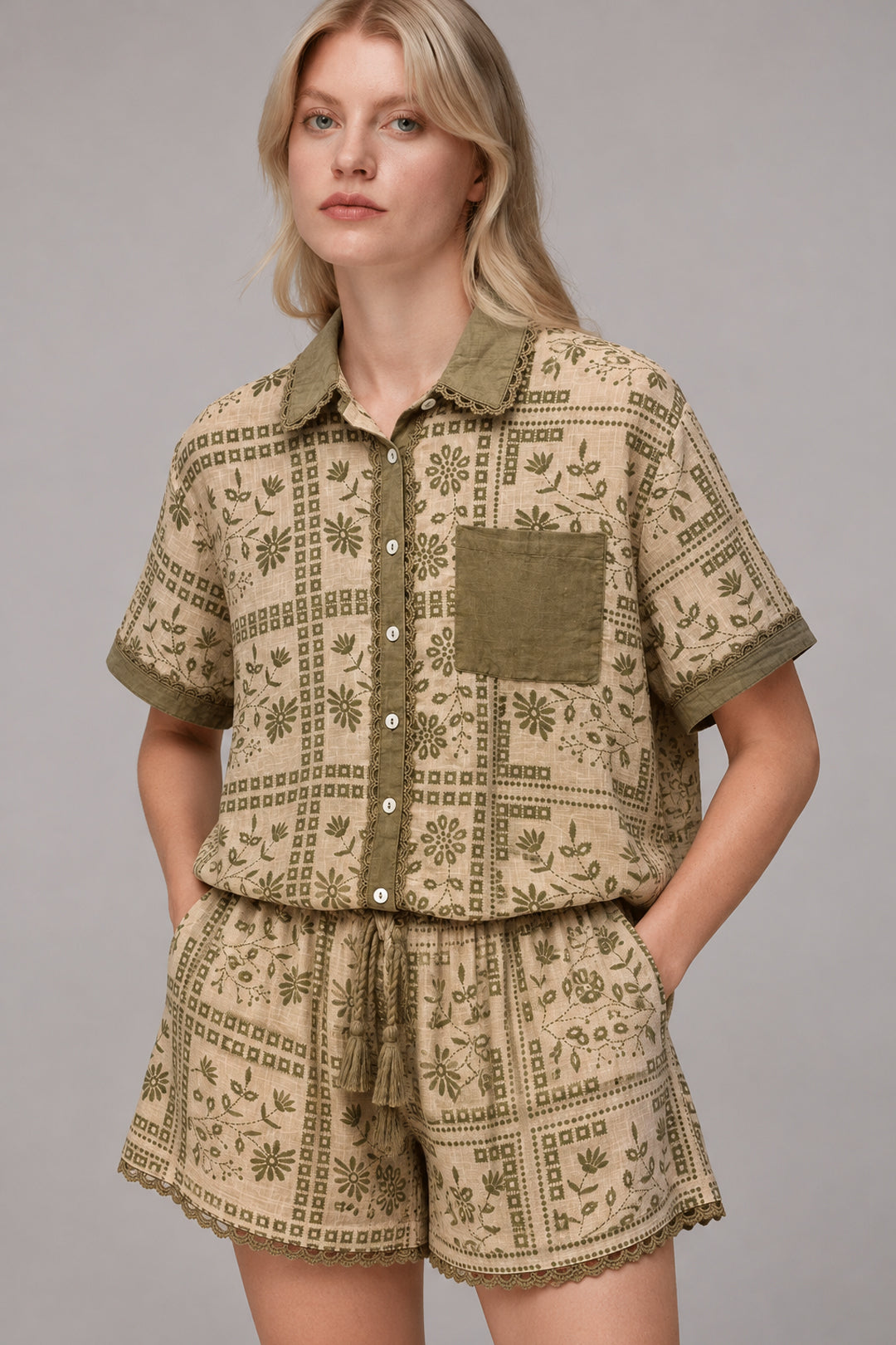 Beige Floral Cotton Top