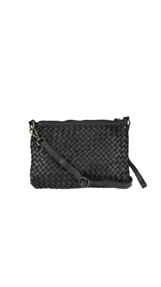 Leather weaved sling bag- black
