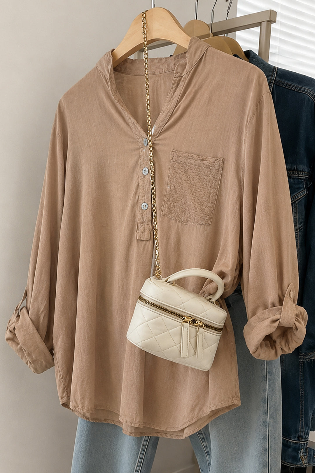 Italian Henley Tunic Blouse Beige