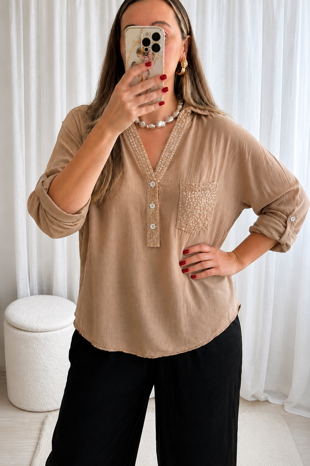 Italian Henley Tunic Blouse Beige