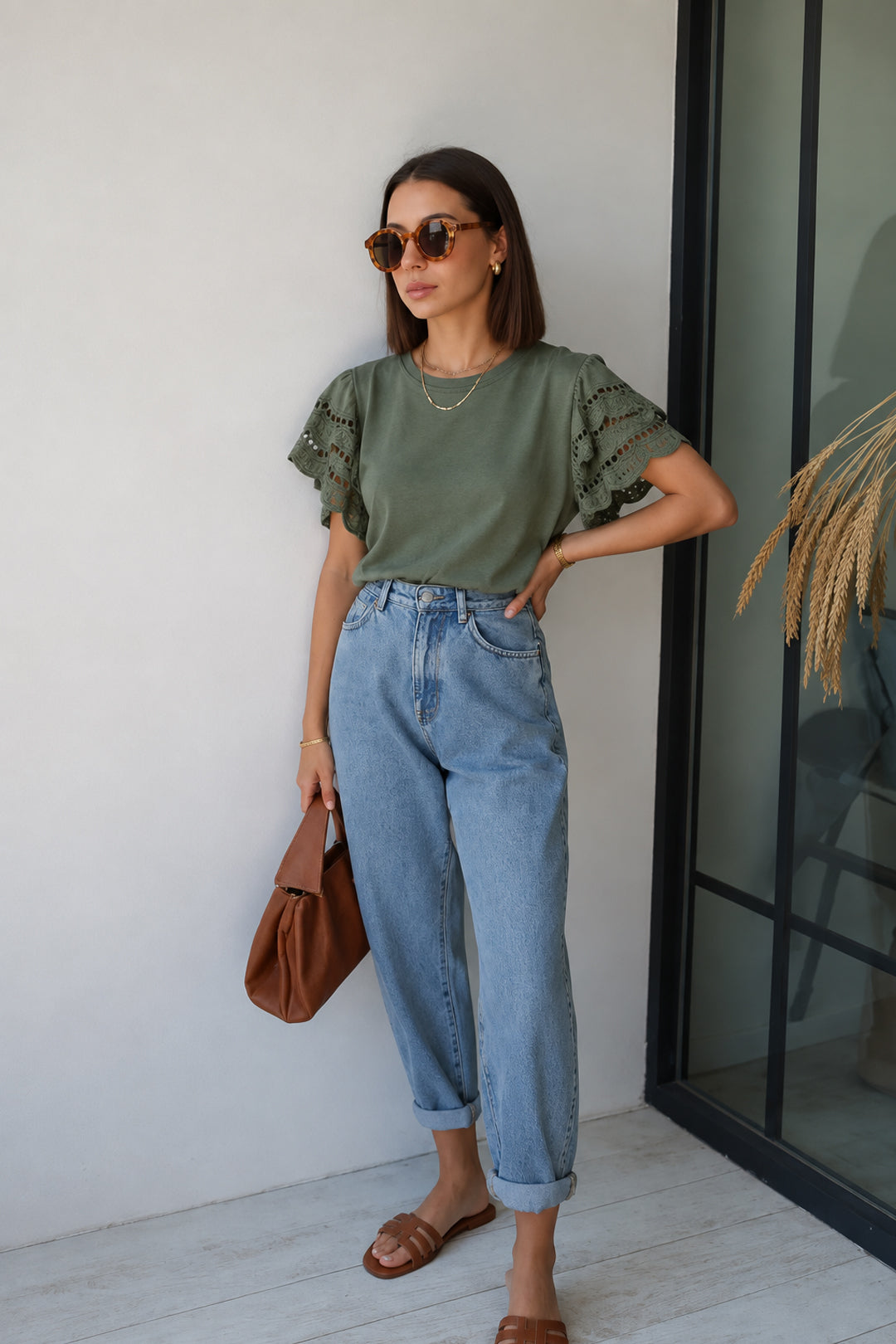 Ruffle Anglaise Sleeve T-Shirt