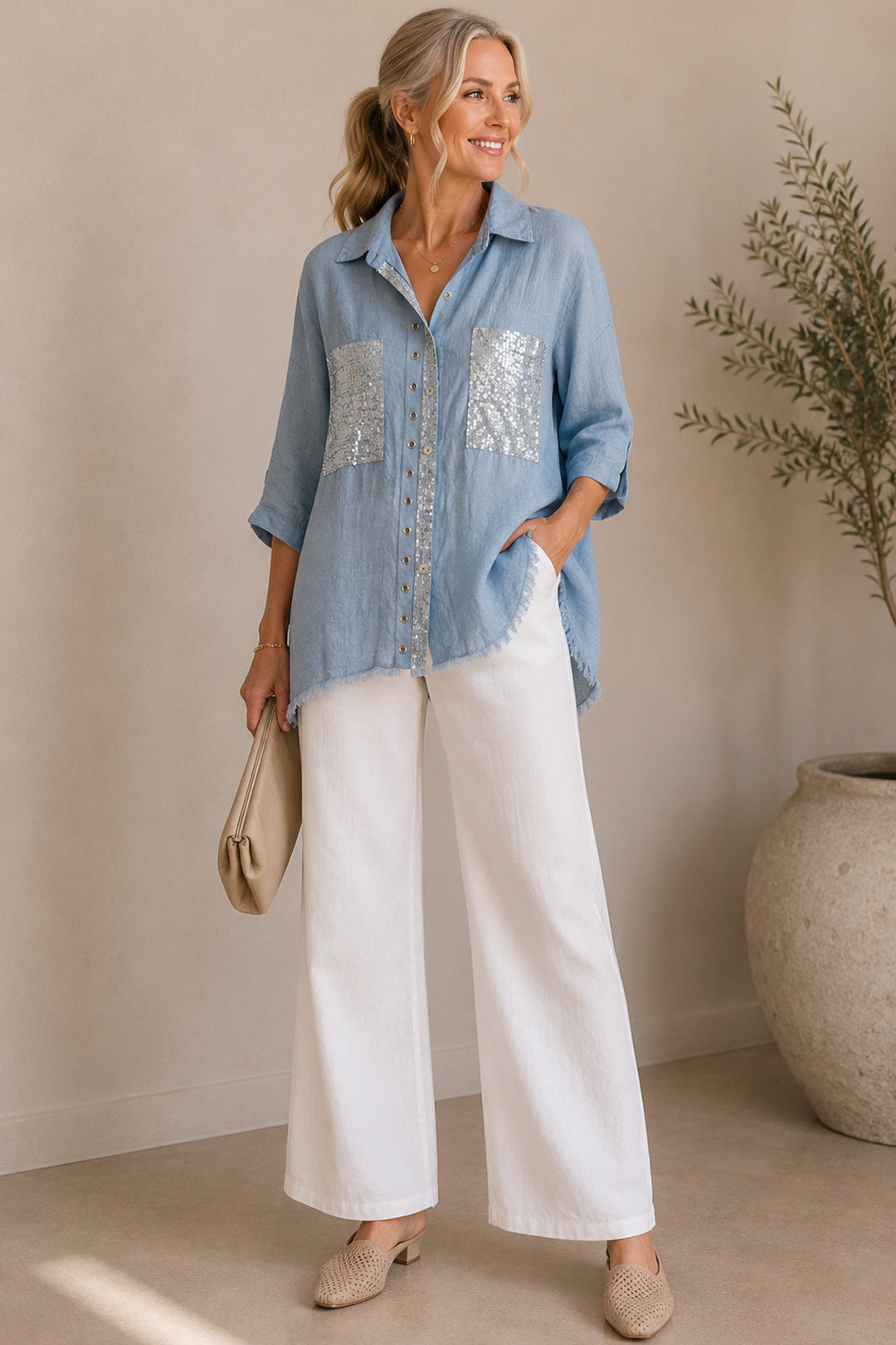 Linen Sequence Blouse Dusty Blue