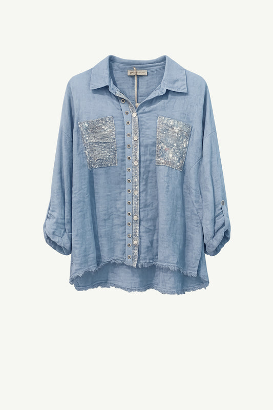 Linen Sequence Blouse Dusty Blue