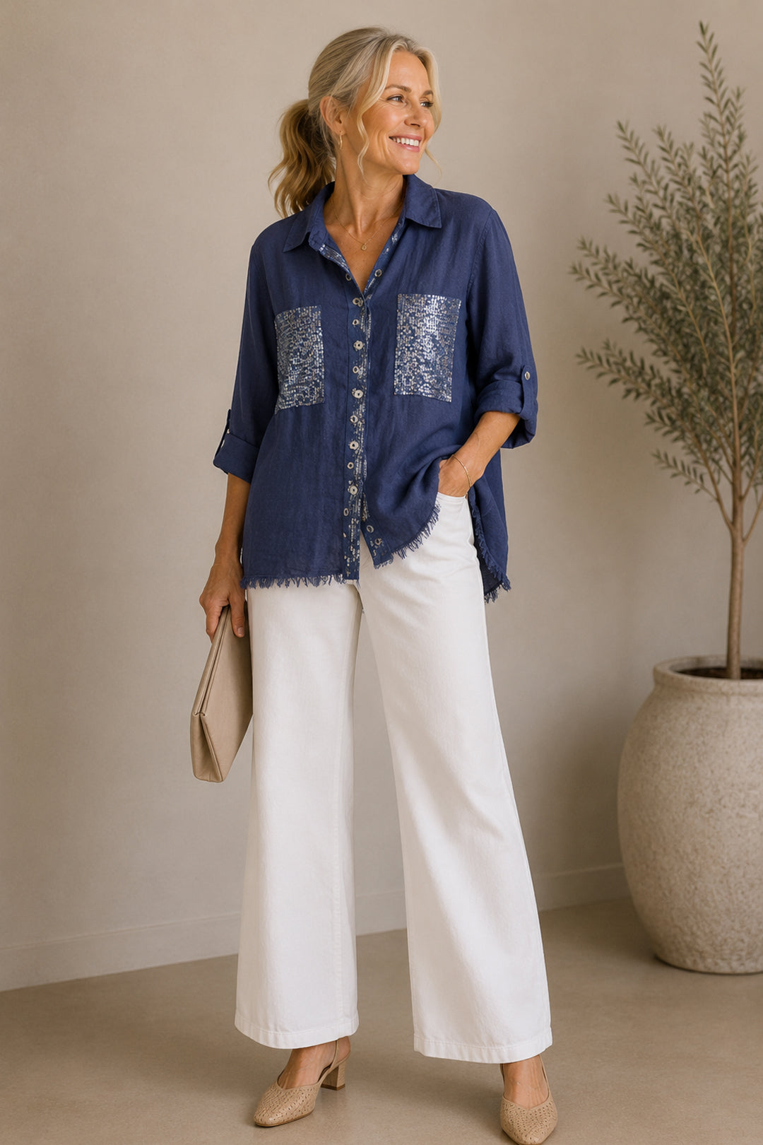 Linen Sequence Blouse Navy