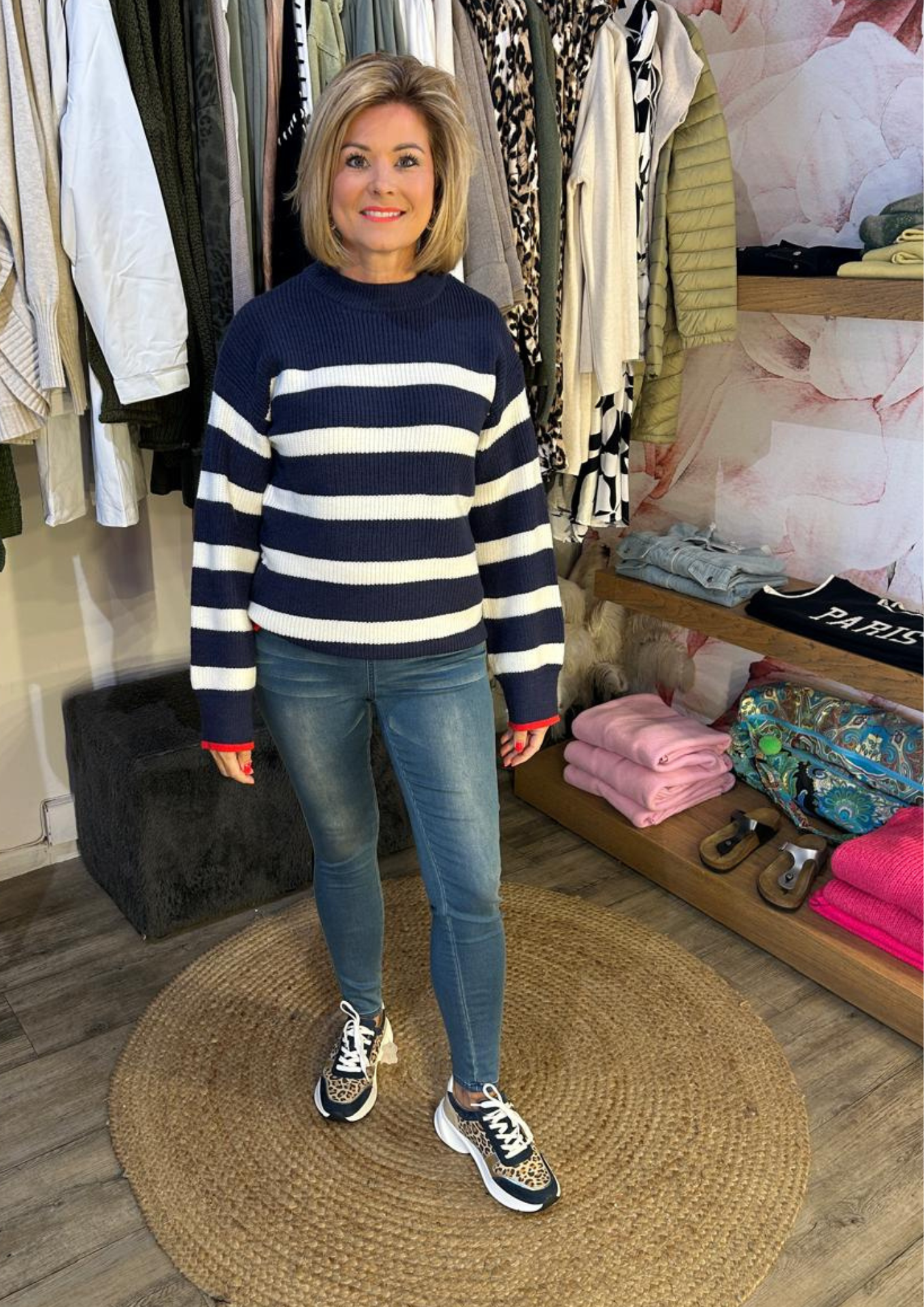Navy and white stripe knit with denim stretch pants