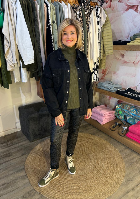 Black shacket with olive knit and black leopard pants
