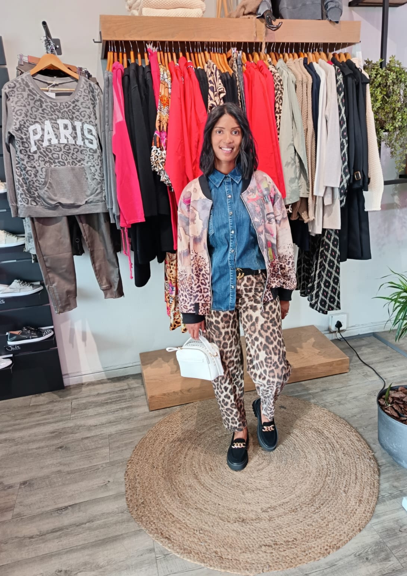 Suede jacket with leopard pants and denim shirt