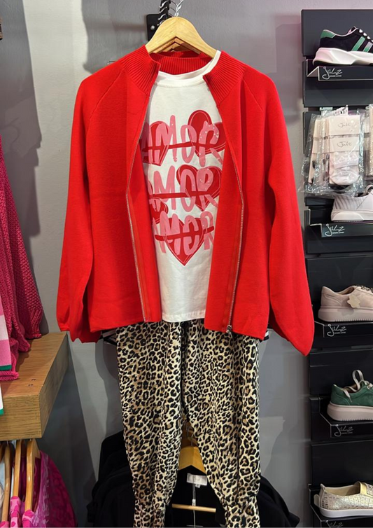 Leopard joggers with red zipper knit