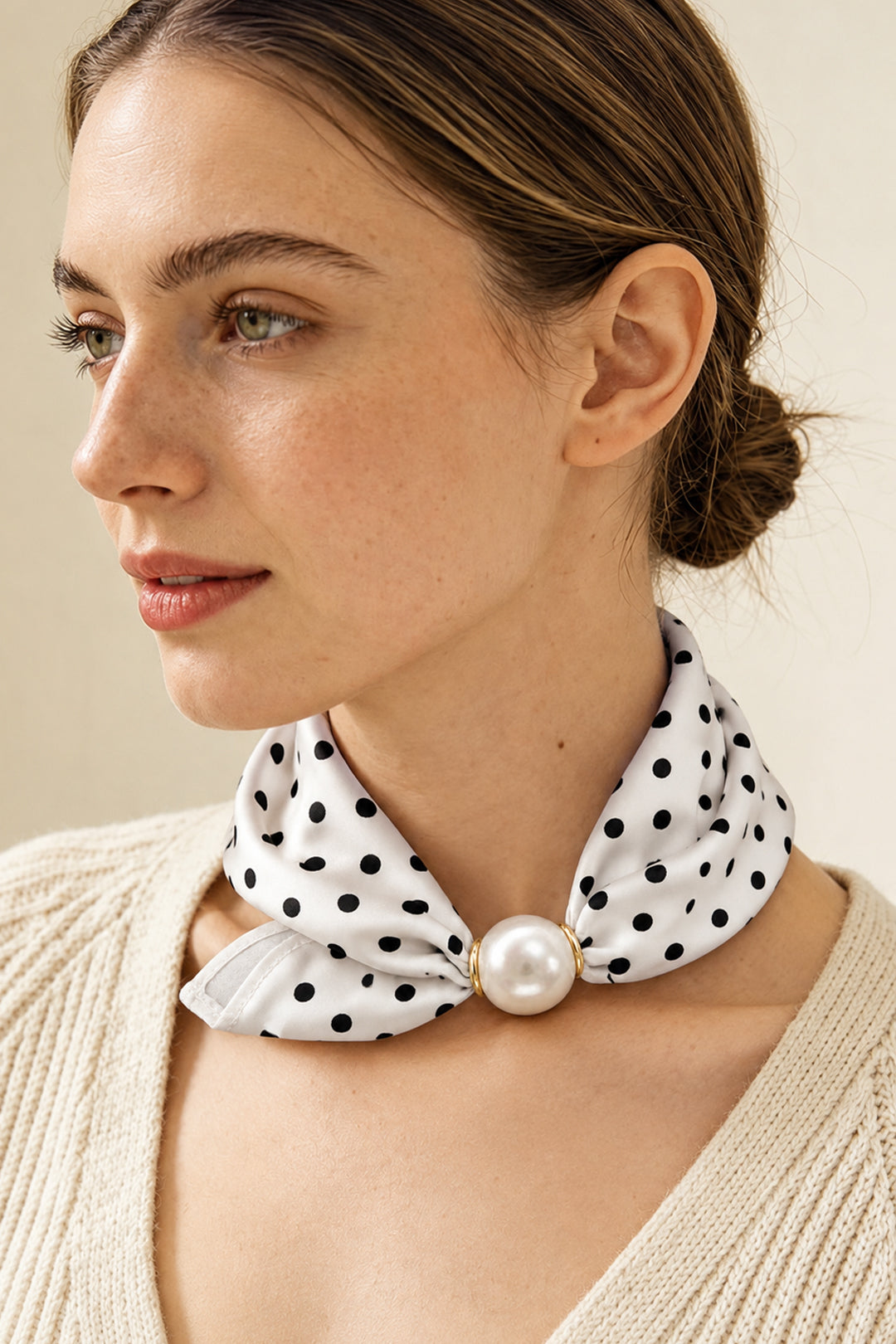 Polka Dot Silk Scarf with Pearl