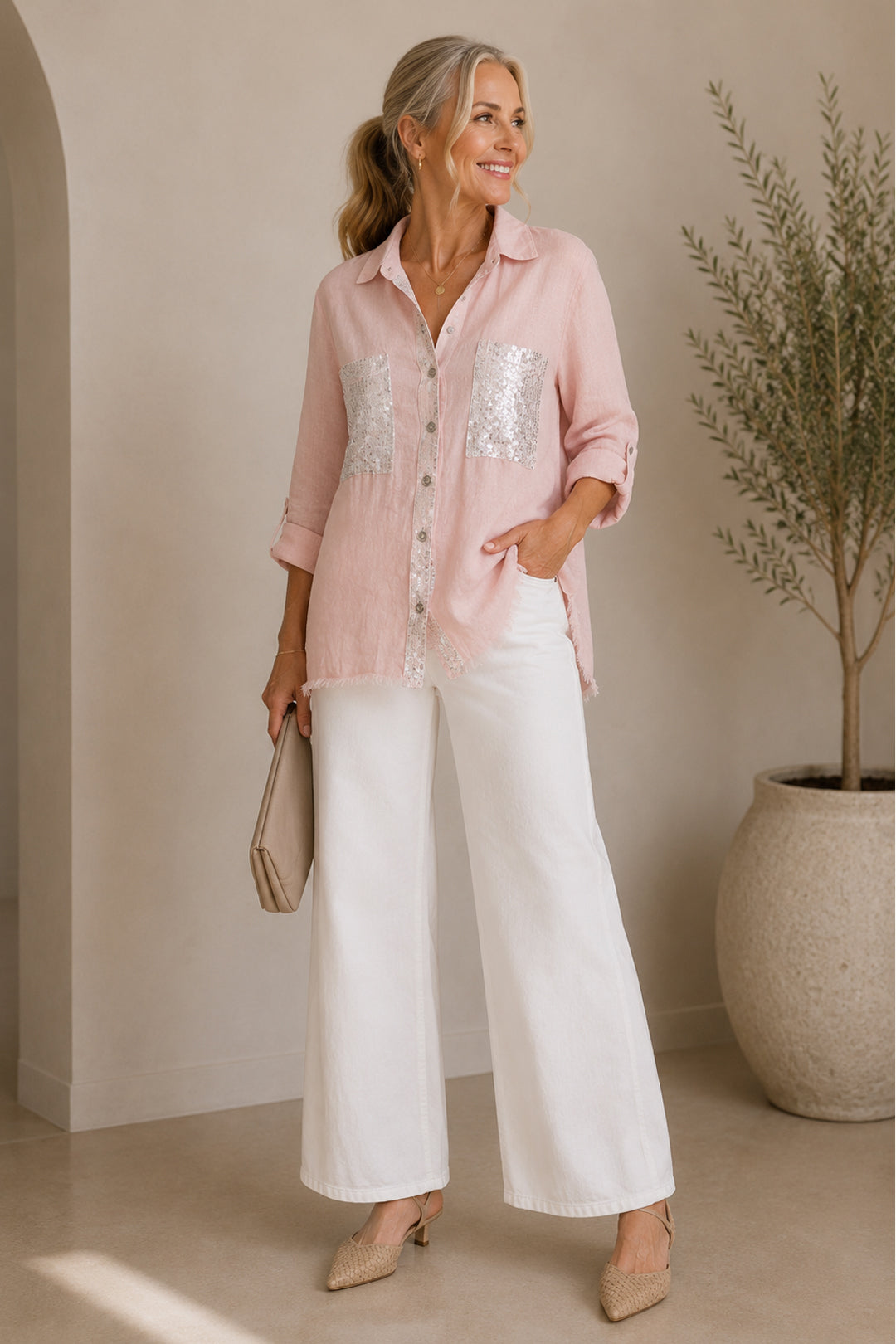 Linen Sequence Blouse Pink